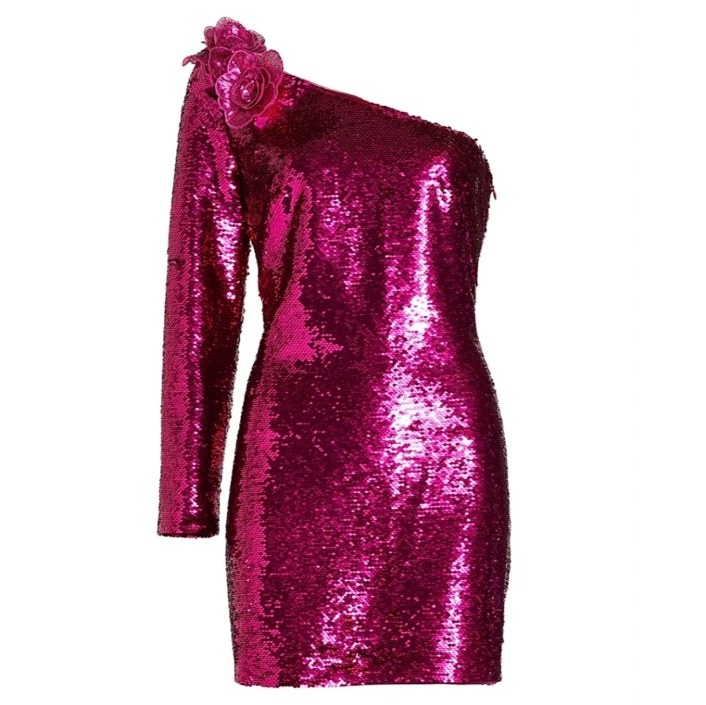 Marchesa Notte Pink Sequin One Shoulder Mini Dress New Size 2 - Picture 7 of 7
